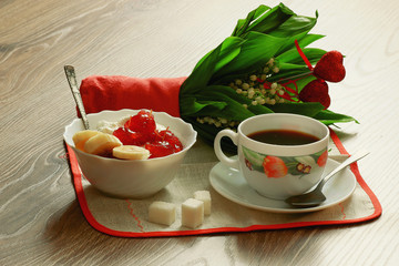 Breakfast with coffee and cream dessert