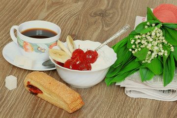 Breakfast with coffee and cream dessert