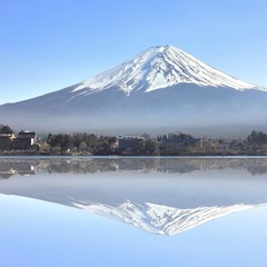 kawaguchiko lake with fuji mountain background in reflection