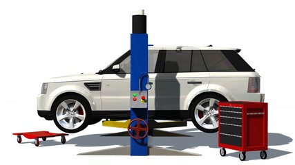 Car repair - SUV on hydraulic ramp - isolated 