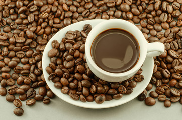 Morning coffee and coffee beans with vintage tone
