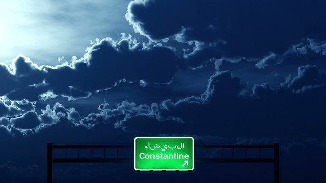 Passing under Constantine Algeria Highway Road Sign at Night
  