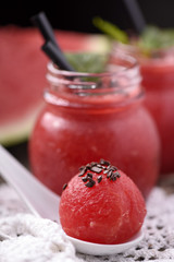 Water melon smoothie on wooden table
