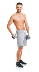 Sport man with dumbbells on the white
