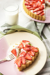 Piece of strawberry pie with glass of milk