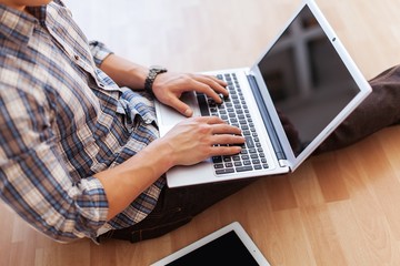 Naklejka premium Laptop, business, using.