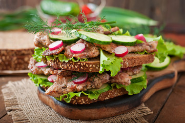 Sandwich with meat, vegetables and slices of rye bread