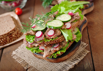 Sandwich with meat, vegetables and slices of rye bread