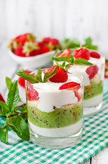 Creamy dessert with strawberries and kiwi