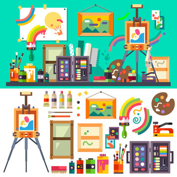 Art studio interior with all tools and materials for painting and creature
