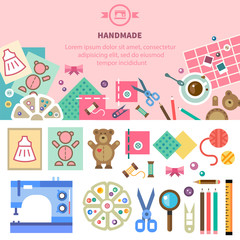 Homemade toys and clothes, tools and materials for handmade