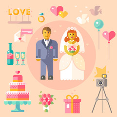 Wedding vector flat illustration, happy newlyweds on an important event