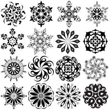 Set of round pattern tattoo. 16 Mandalas in black