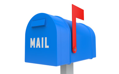  Blue mailbox with red flag up isolated