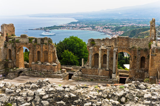 Panorama of Taromina bay from greek theater in Taormina, Sicily