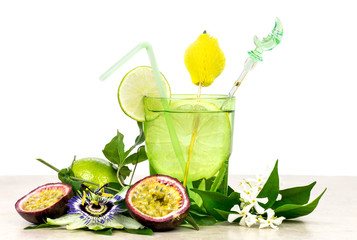 refreshing cocktail with lime and passion fruit over white