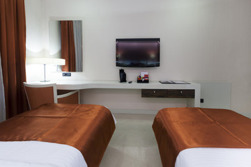 Interior of a luxury double bed hotel bedroom