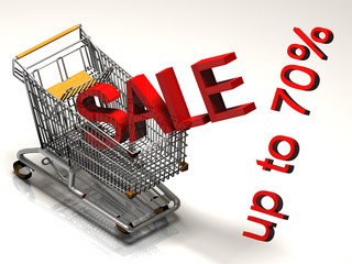 Shopping cart and red seventy percent discount, isolated on white background.