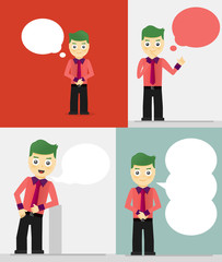 Set of young businessmen with speech bubbles. Talking, thinking
