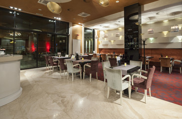 Interior of a hotel lobby with cafe 