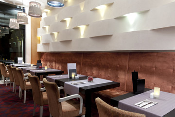 Interior of a hotel lobby with cafe 