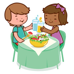 Children at a table eating a healthy salad. Vector illustration