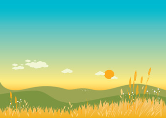 Summer Background. Illustration of a warm summer landscape with flowers, wheat and grass. Vector illustration © stockakia