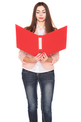 Positive businesswoman with folder on white isolated background