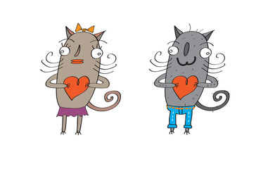 Two cats, male and female, standing, holding hearts