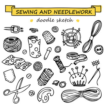 Seamless vector doodle sewing and needlework set