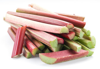 Rhubarb stalks on the white background.