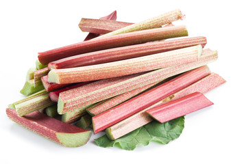 Rhubarb stalks on the white background.