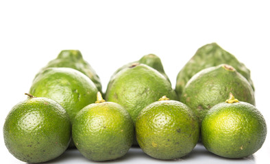 Lime, makrut or kaffir lime and calamansi over white background