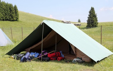 One tent of a campsite of the boy scouts in summer