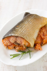 smoked salmon on dish on white wooden background