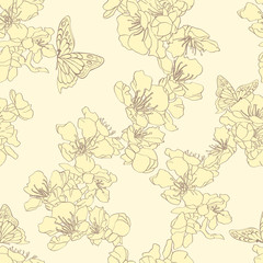 Seamless background with butterflies and blossom apricot