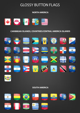 Set of glossy button flags -  North AND South America, Caribbean Islands, countries, Central America Islands.