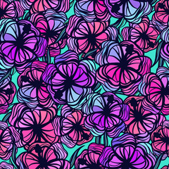 Seamless pattern with stylized colored tropical flowers