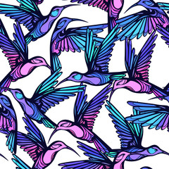 Flying tropical stylized colorful hummingbirds seamless pattern.
