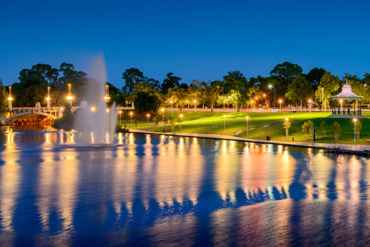 Night view of River Torrens and Fountain in Elder Park. Long exposure effect