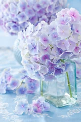 Door stickers Hydrangea beautiful hydrangea flowers in a vase on a blue background . 