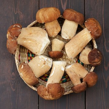 Wild porcini mushrooms in round shape in wicker basket on wooden
