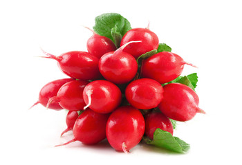 Fresh red radish vegetables with green leaves.