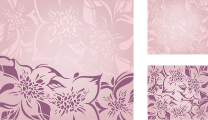 Pink floral decorative holiday background set with violet and ecru ornaments