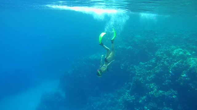 Woman dives into the depths near the coral reef, snorkeling  