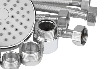 Plumbing fitting, hosepipe and showerhead, isolated on white background