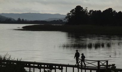 Walking down jetty in early morning