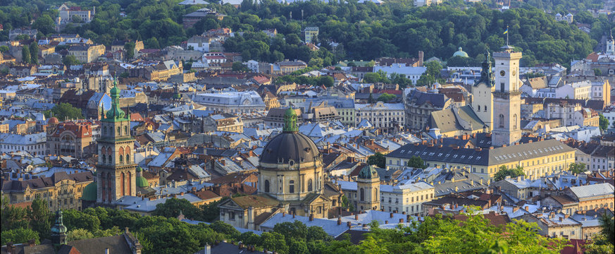 View of the city of Lviv from the High Castle Park at sunset