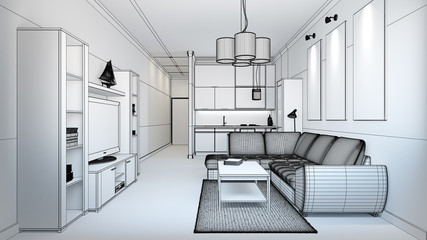 3D interior rendering of a small loft without textures