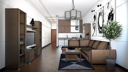 3D interior rendering of a small loft with textures